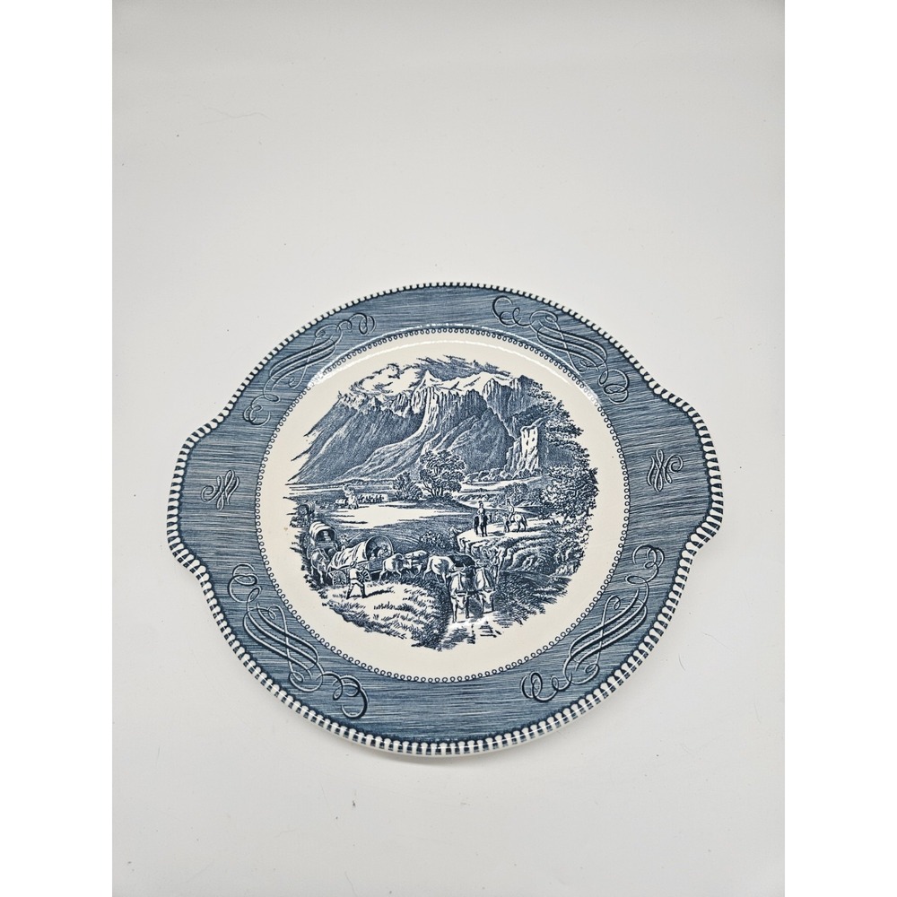 Currier and Ives Handled Cake Plate Blue by Royal The Rocky Mountains USA 11.5"